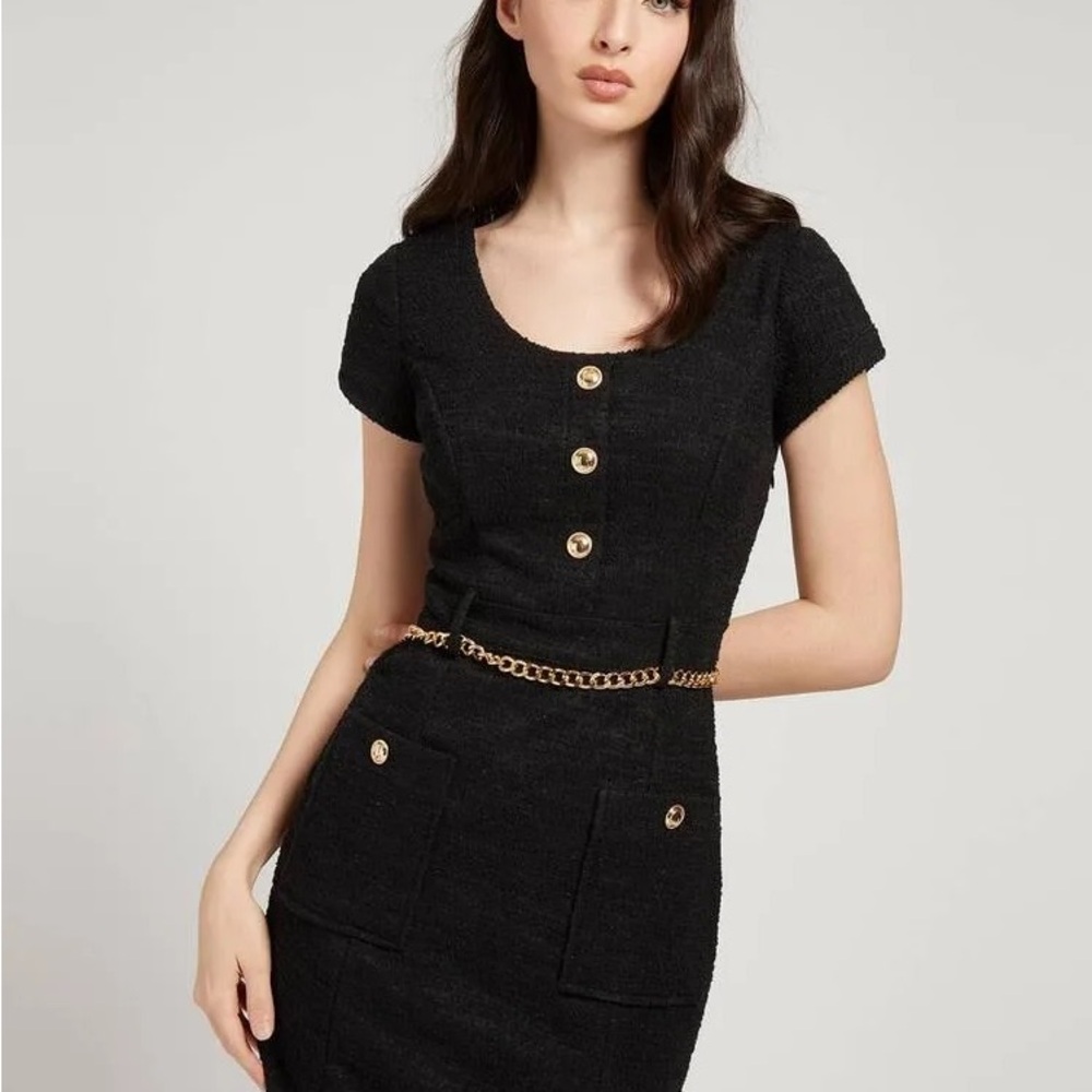 Guess Tiffany Tweed Black Dress with Gold Button Accents and belt